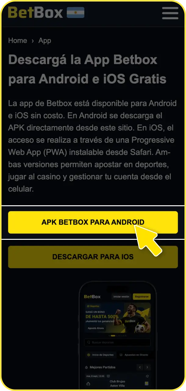 Descargá el archivo APK de instalación de forma segura desde el sitio oficial de BetBox Argentina.