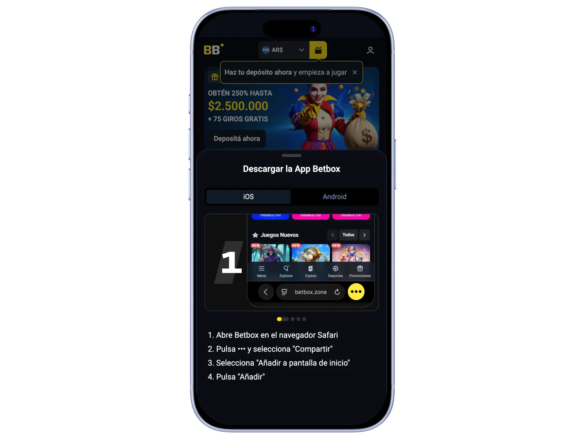 Seguí las instrucciones para instalar la aplicación web progresiva (PWA) de forma directa en iOS para BetBox Argentina.