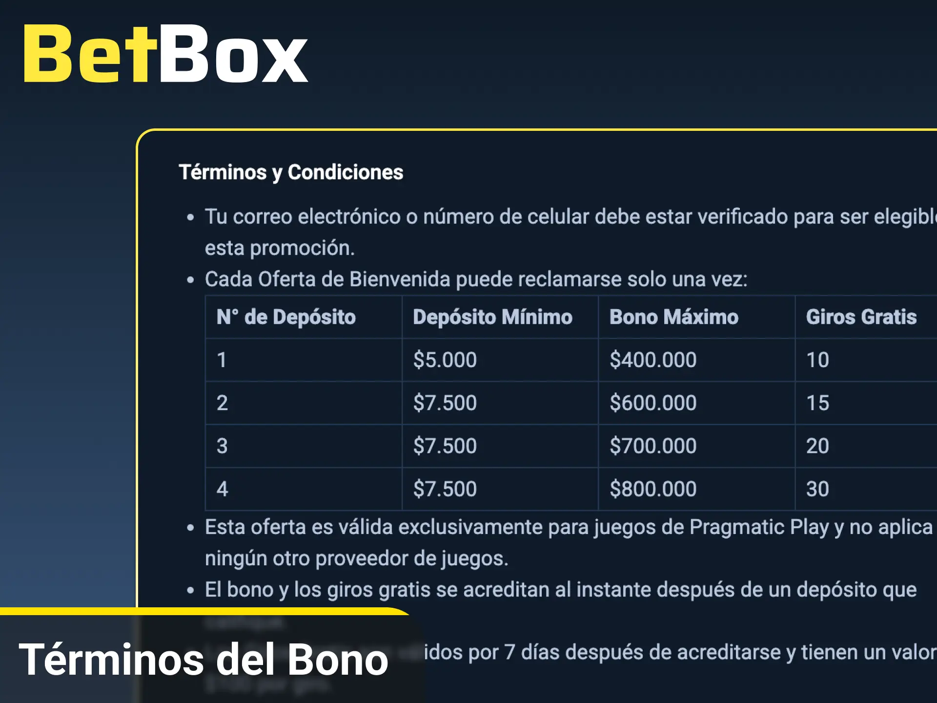 Revisá las condiciones generales, cuotas mínimas y plazos de validez del bono en BetBox Argentina.