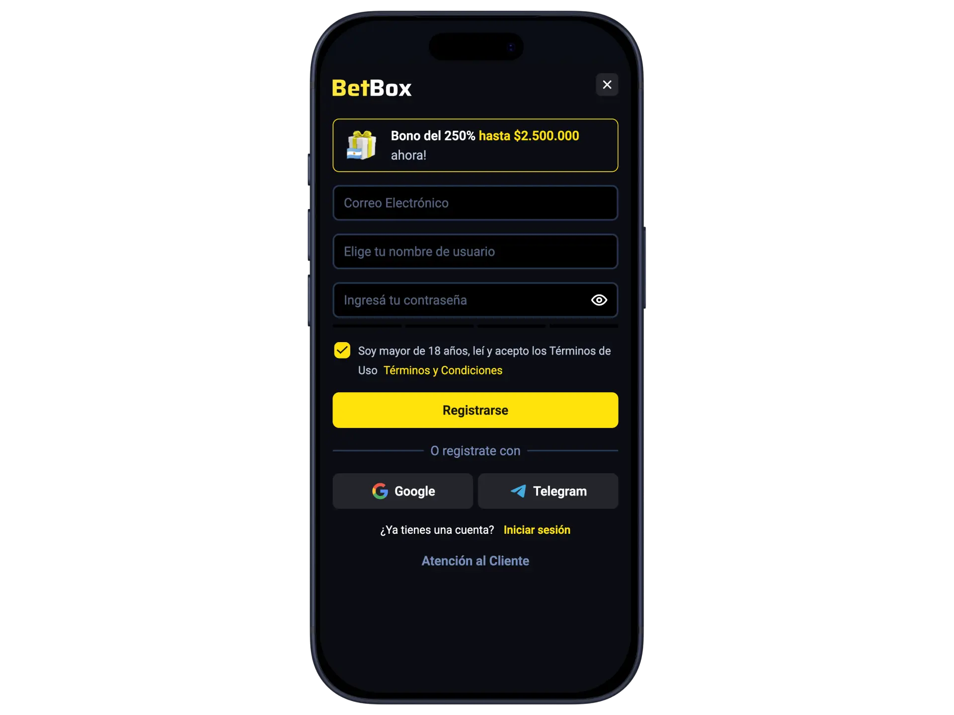 Completá el registro rápido directamente desde la app móvil para empezar a jugar en BetBox Argentina.