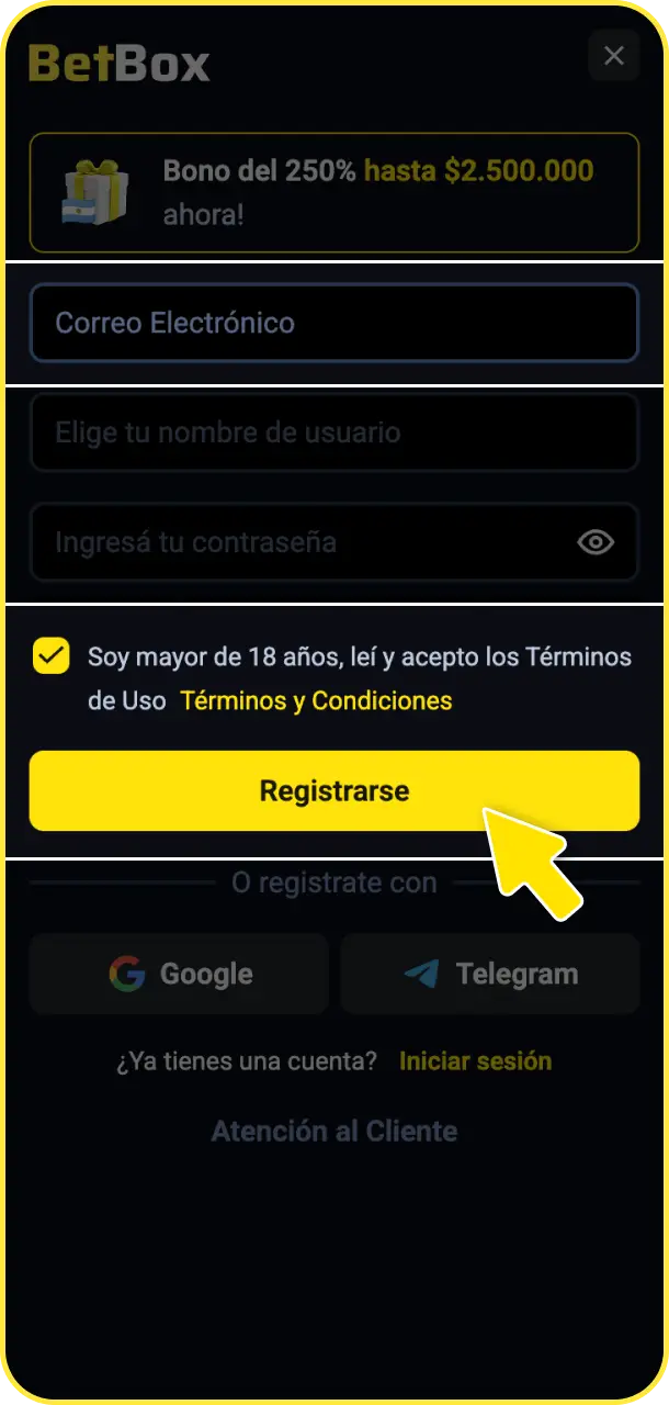 Validá tu dirección de correo electrónico o número de teléfono para activar tu perfil en BetBox Argentina.