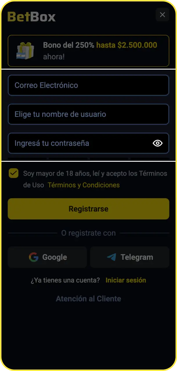 Ingresá tu nombre, apellido, fecha de nacimiento y documento de identidad en BetBox Argentina.