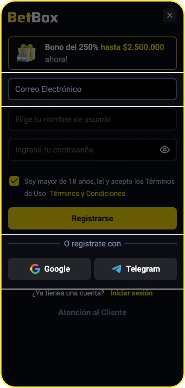 Seleccioná registrarte mediante un clic, correo electrónico o redes sociales en BetBox Argentina.