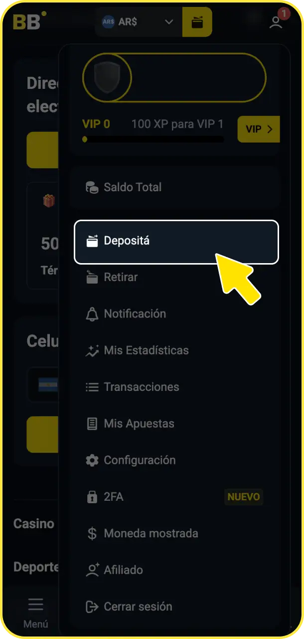 Dirigite a la caja principal y seleccioná la pestaña de depósitos en BetBox Argentina.