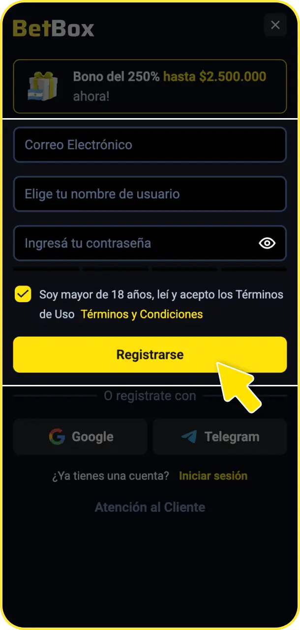 Completá el registro con tus datos personales para crear tu cuenta en BetBox Argentina.