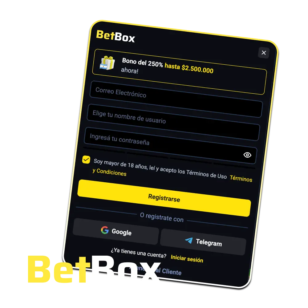 Completá el formulario de registro rápido para crear tu cuenta de usuario en BetBox Argentina.