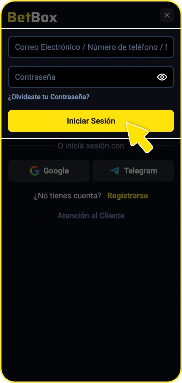 Ingresá a tu cuenta con tus credenciales de usuario en BetBox Argentina.