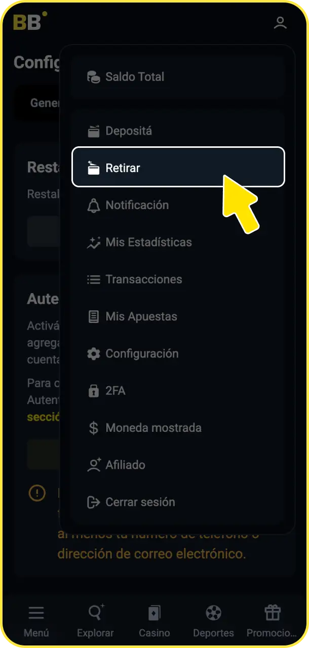 Accedé a la sección de caja o retiros desde tu perfil de usuario en BetBox Argentina.