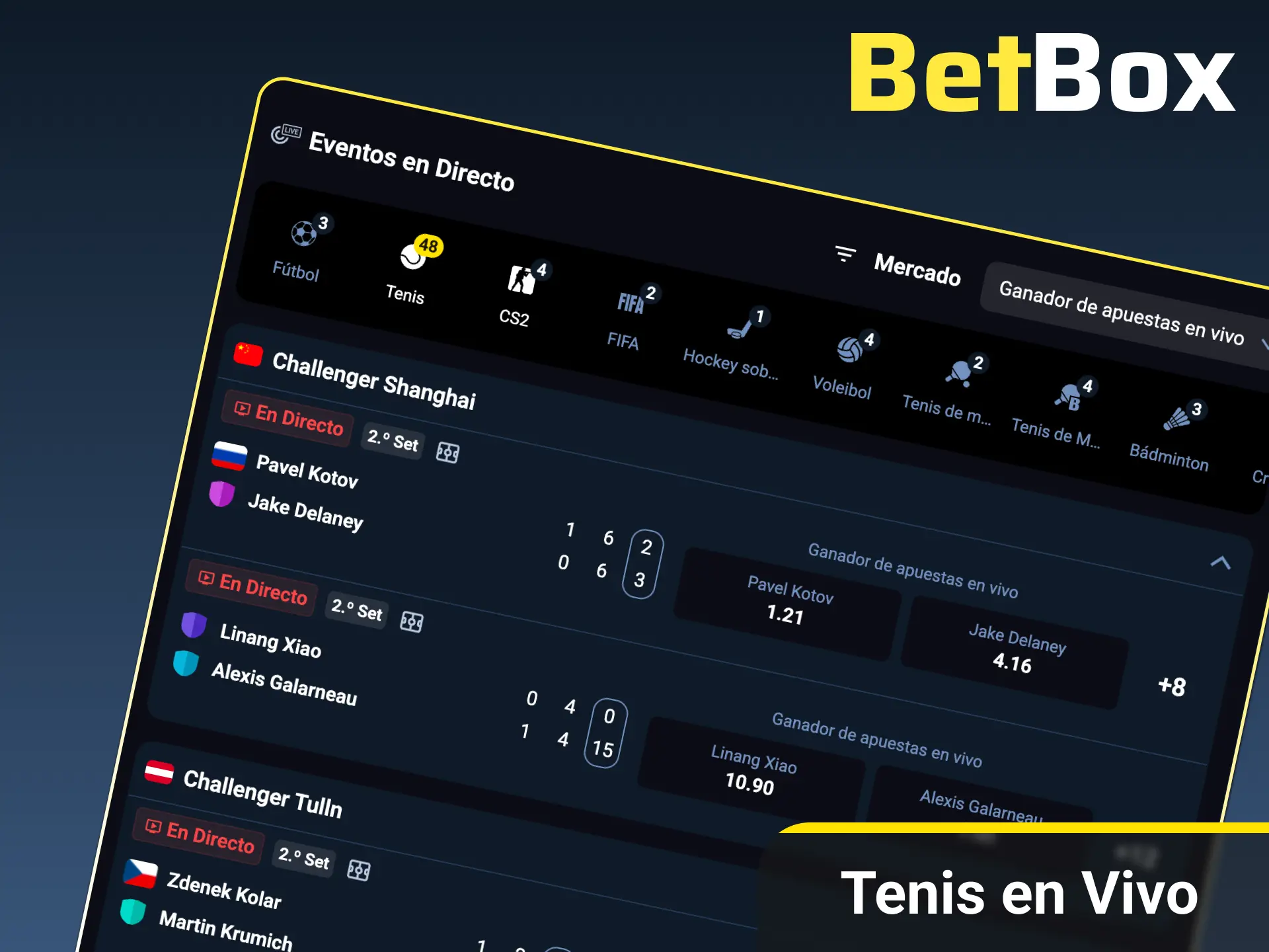 Seguí el punto a punto y apostá en vivo con cuotas dinámicas en torneos de tenis con BetBox Argentina.