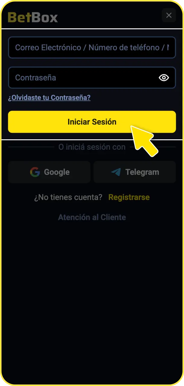 Iniciá sesión en tu cuenta de BetBox Argentina utilizando tu correo electrónico y contraseña registrados.