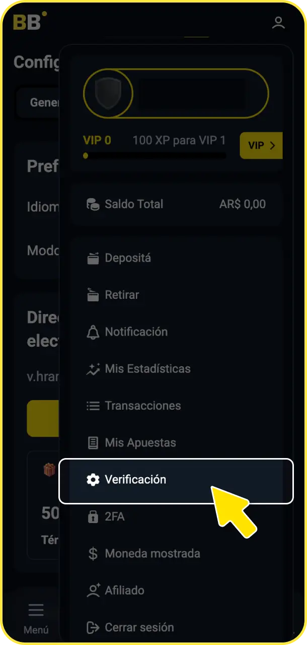 Dirigite a la sección de verificación dentro del perfil de tu cuenta en BetBox Argentina.